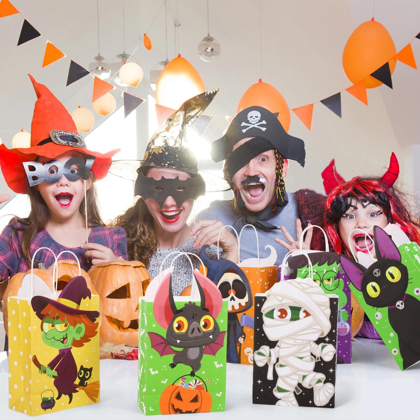 Pajean 18 Pcs Halloween Party Gift Bags Halloween Paper Treat Goodie Bags with Handles Mummy Skeleton Black Cat Candy Cookie Wrap Party Favors for Trick or Treat Favors Supplies