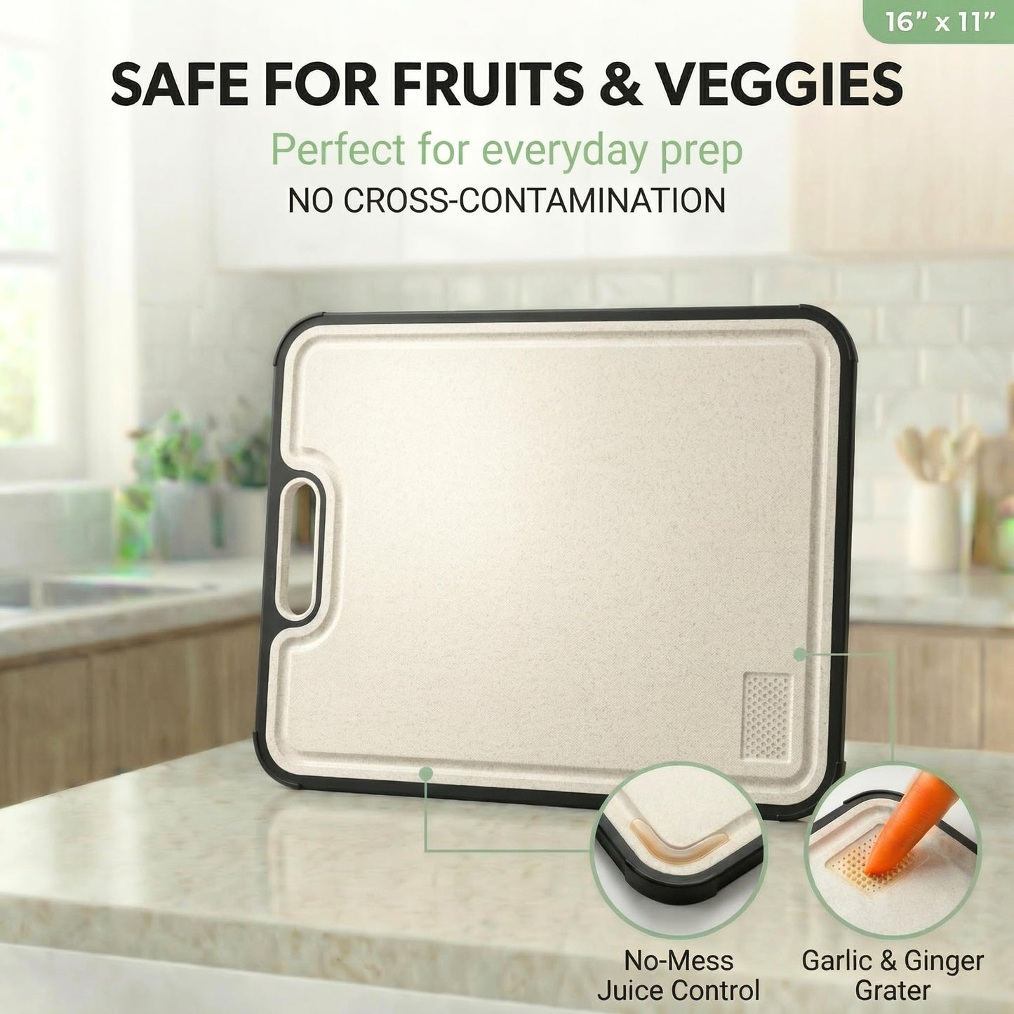 Titanium Cutting Board for Kitchen – Non Toxic & Hygienic, Reversible 2-in-1, Durable Metal Surface, Easy to Clean, Dual Surface with PP Wheat Fiber Side, Juice Groove, 16"x11"