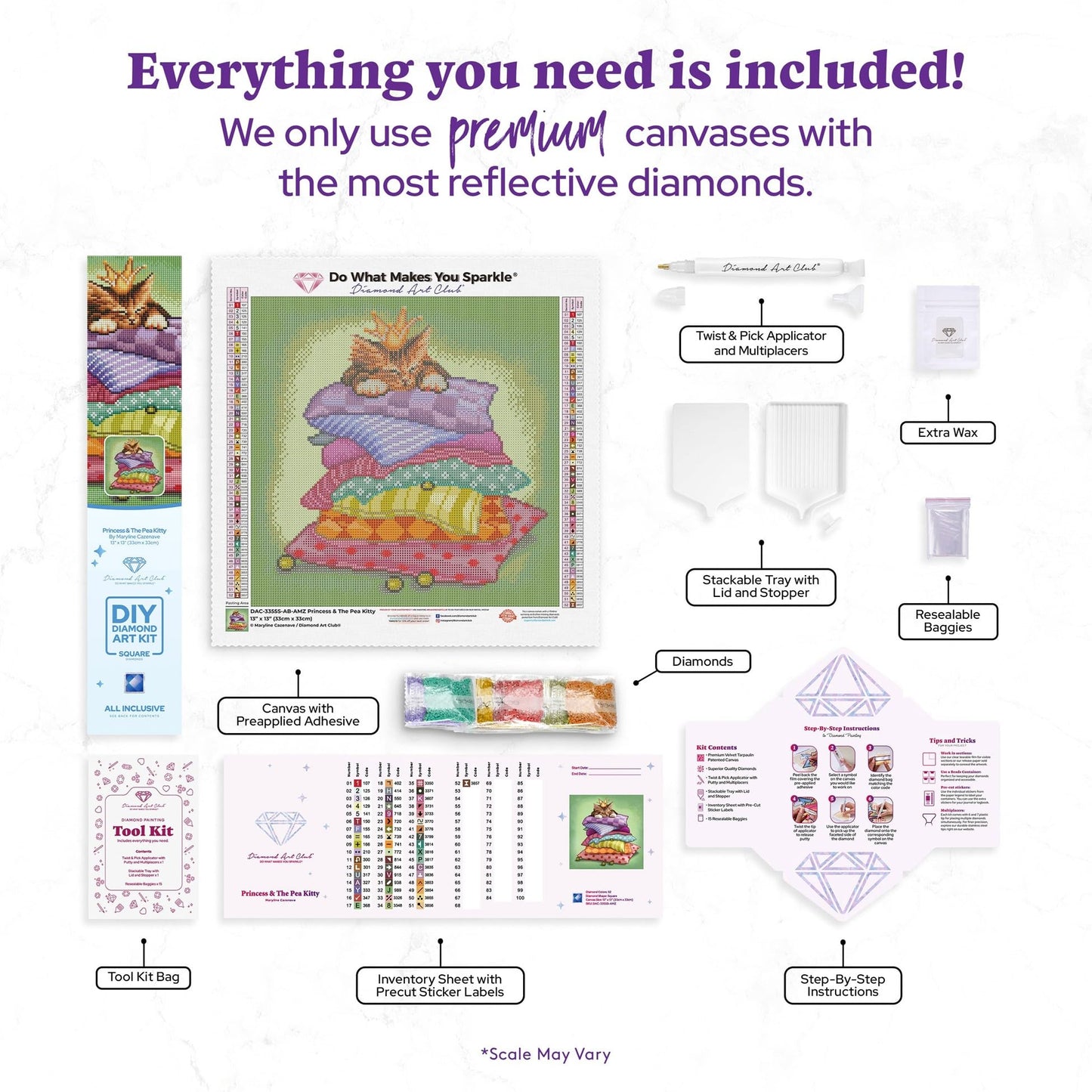 DIAMOND ART CLUB Princess and the Pea Kitty Diamond Painting Kit, Fun DIY Crafts for Adults, Square Diamond Art Canvas, 13" x 13" (33 cm x 33 cm)
