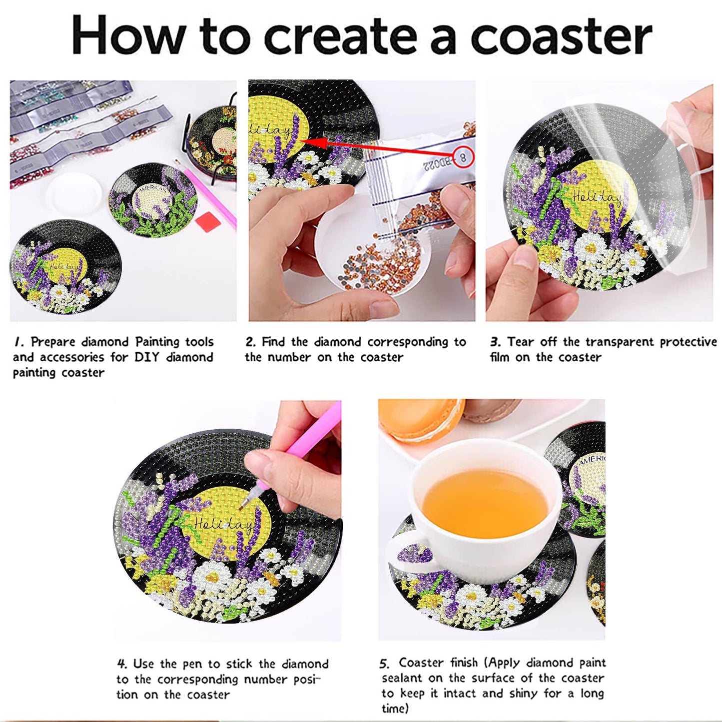 Yijingtop 8pcs CD Diamond Painting Coasters Kits with Holder,Flower Diamond Art Coasters, Crafts Kits for DIY Coasters Diamond Art Kits for Adults for Home Wall Decor