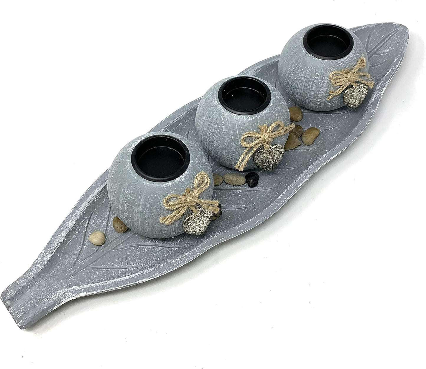 HD90403 3 Set allgala Wooden Candle Holder Tray Ball Orbs Tealight Centerpiece with Pebbles on Leaf Tray for Coffee