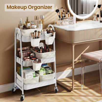 3-Tier Rolling Utility Cart with 4 Woven Baskets, Diaper Book Snack Cart, Storage Organizer for Nursery, Kitchen, Craft Room, Home SPA, Living Room, Metal Frame Trolley on Lockable Wheels, White
