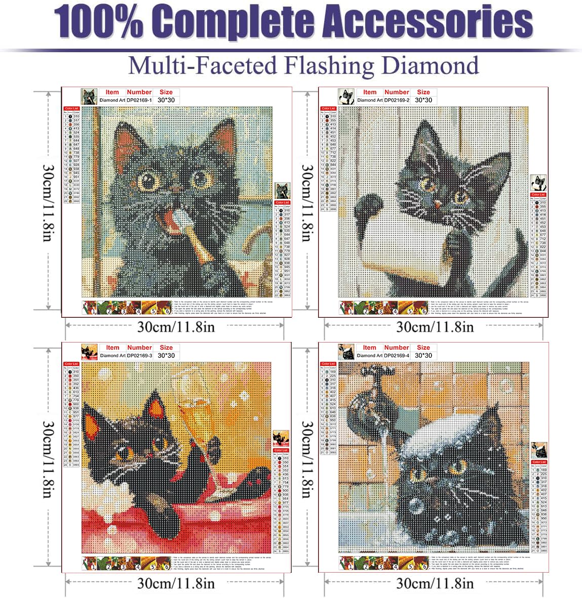 AIBOERL 4 Pack Black Cat Diamond Painting Kits for Adults,Animals in Bathtub DIY 5D Diamond Art Kits Full Drill Diamond Dots Paintings with Diamonds Gem Art and Crafts Home Decor 12x12inch