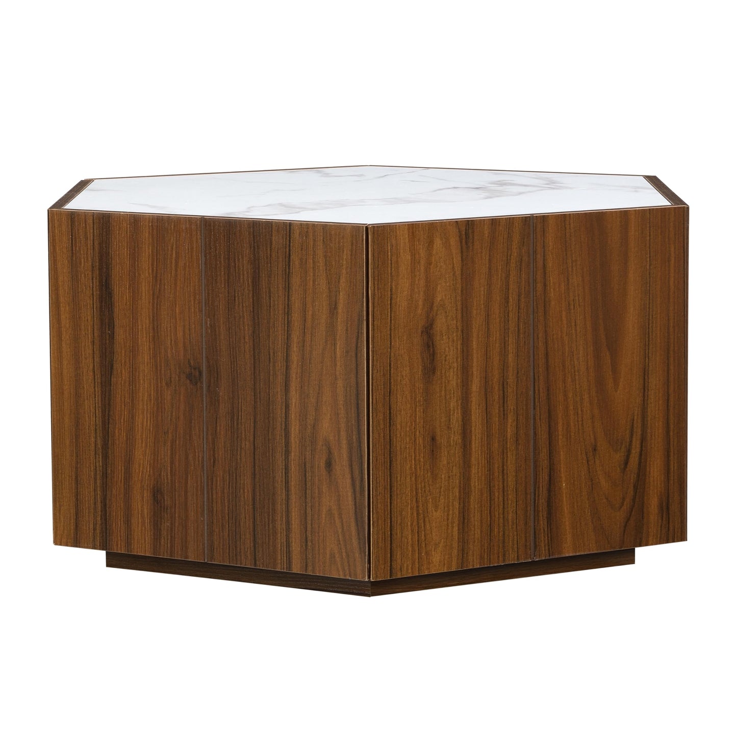 Merax Rustic Retro Coffee Table with 2 Hidden Drawers, Hexagonal Wooden Living Room Table with Textured White Marble Tops, Walunt Oak Finish