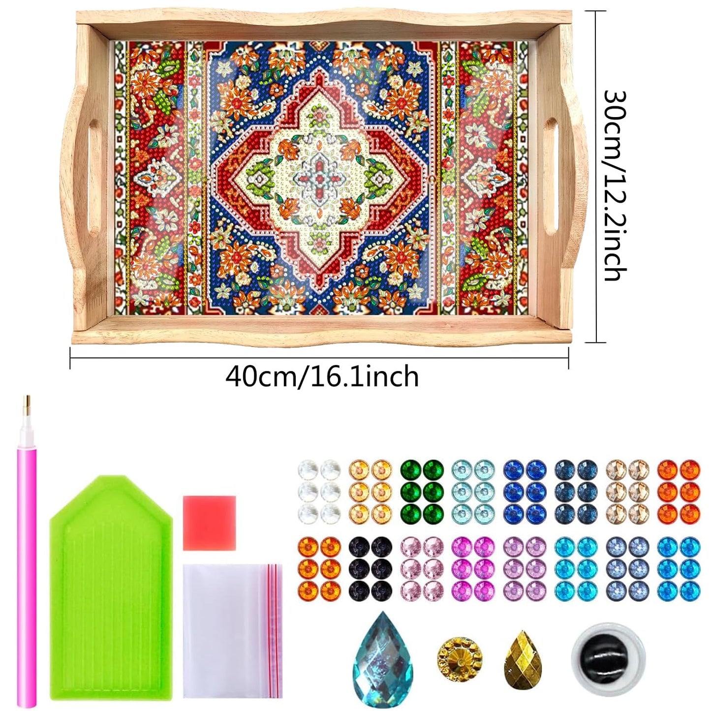 DOTSOPS 5D Diamond Art Kits for Adults Wooden Serving Tray with Handle Special Diamond Painting Plate Big Gem Dots Paint by Numbers Crafts Kits for Living Room Mandala 12 x 16 Inches