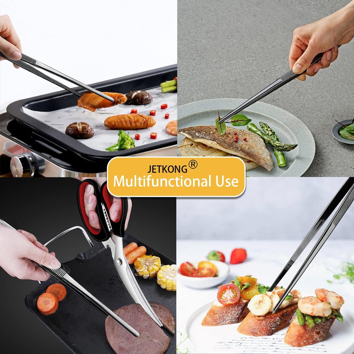 JETKONG Extra Long Kitchen Tweezers, Heavy Duty Stainless Steel Cooking Tweezers Set of 3 (9, 12, 14 Inch)