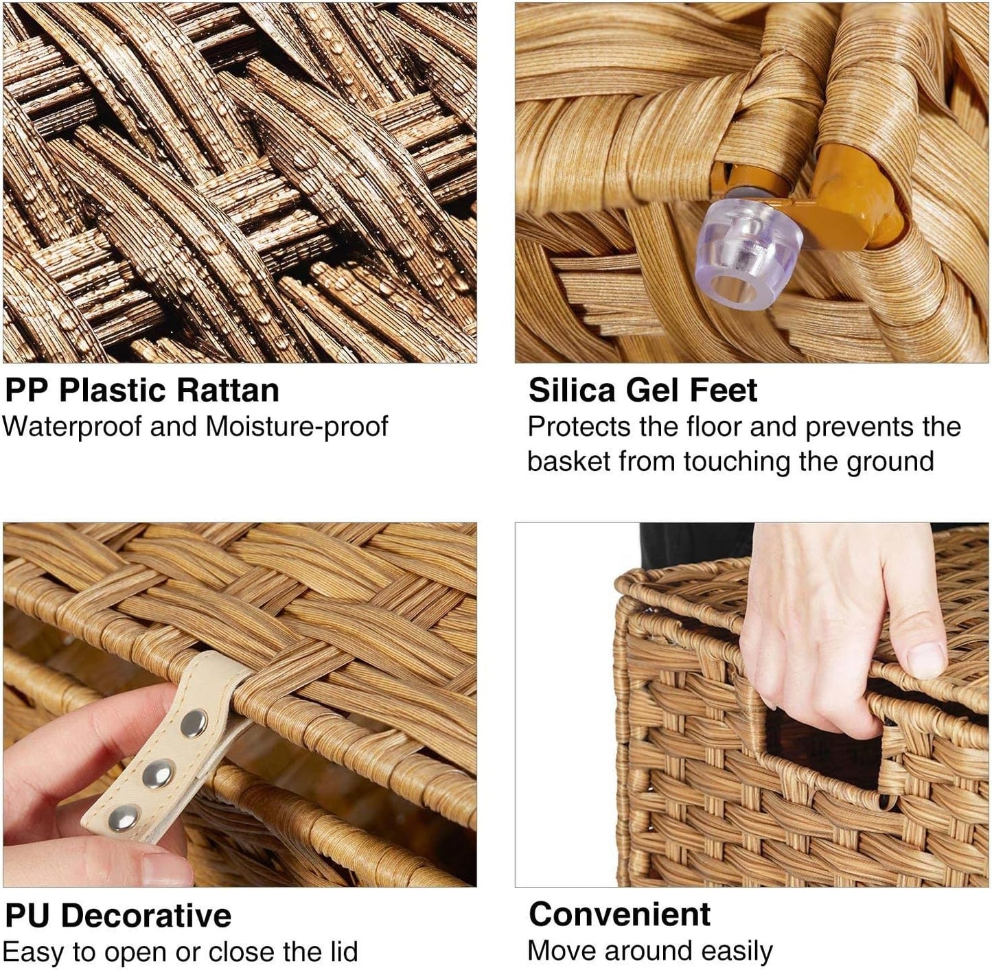 GREENSTELL 60L Laundry Hamper with Lid, Handwoven Synthetic Rattan Laundry Basket with 2 Removable Liner Bags & 2 Mesh