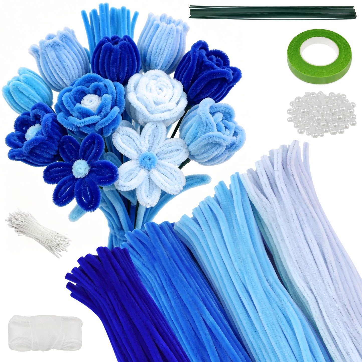 CHRORINE 320 Pcs Pipe Cleaners Bulk Pipe Cleaner Flower Kit Craft Supplies Soft and Flexible Creative Suitable for Art DIY Packaging and Decoration- Blue Tones