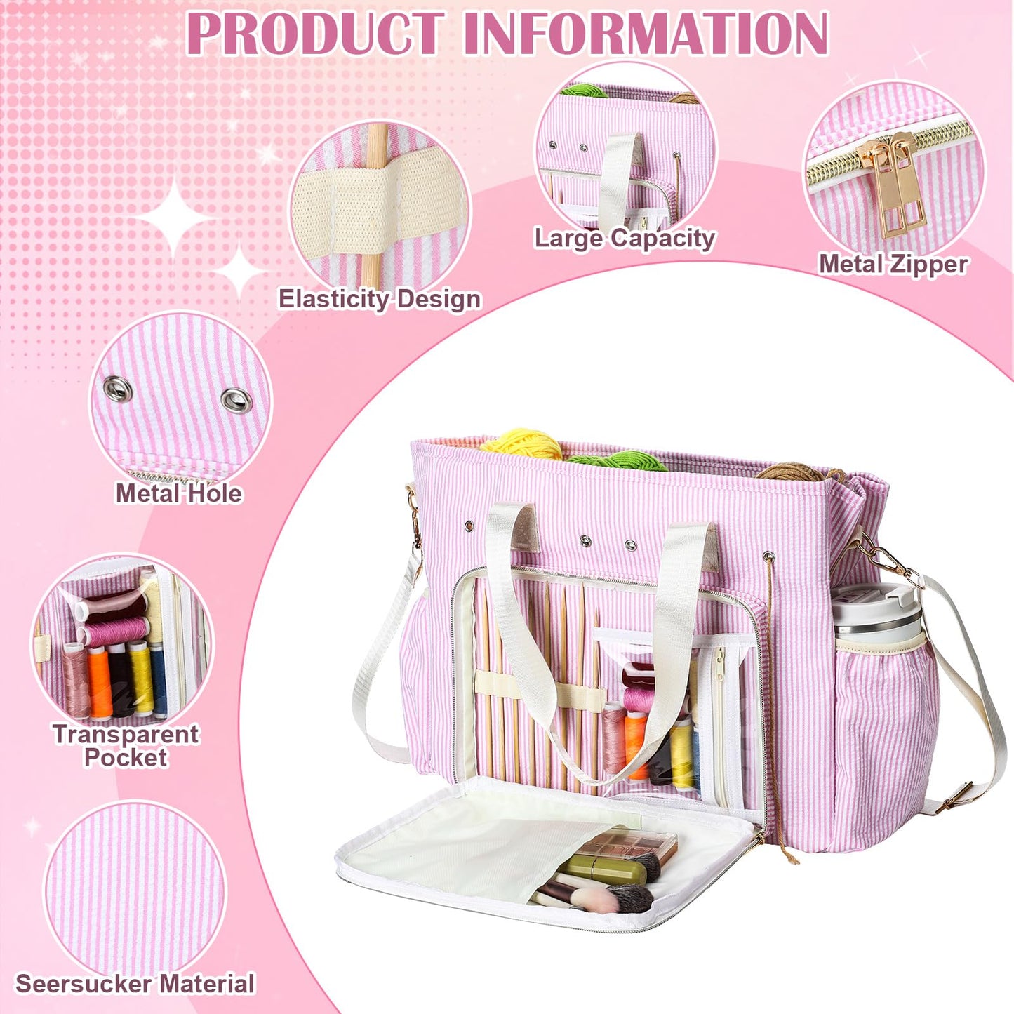 Klyyo Clyro Large Crochet Tote Bag Seersucker Knitting Bag Yarn Storage Tote 15 x 12 Inch Cotton Pink Stripe Crochet Hooks Knitting Accessories Organizer Holder with Zipper for Women DIY Lovers Gift