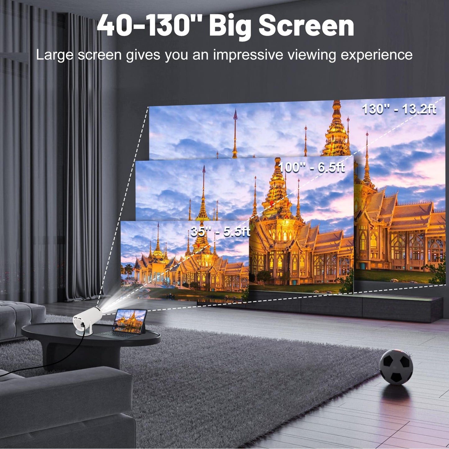 Mini Projector with WIFI 6 and Bluetooth, 4K 1080P Support Portable Projector 180° Rotatable 130'' Screen Movie Projector Auto Keystone Compatible for Laptop, PC, Smartphone (White)