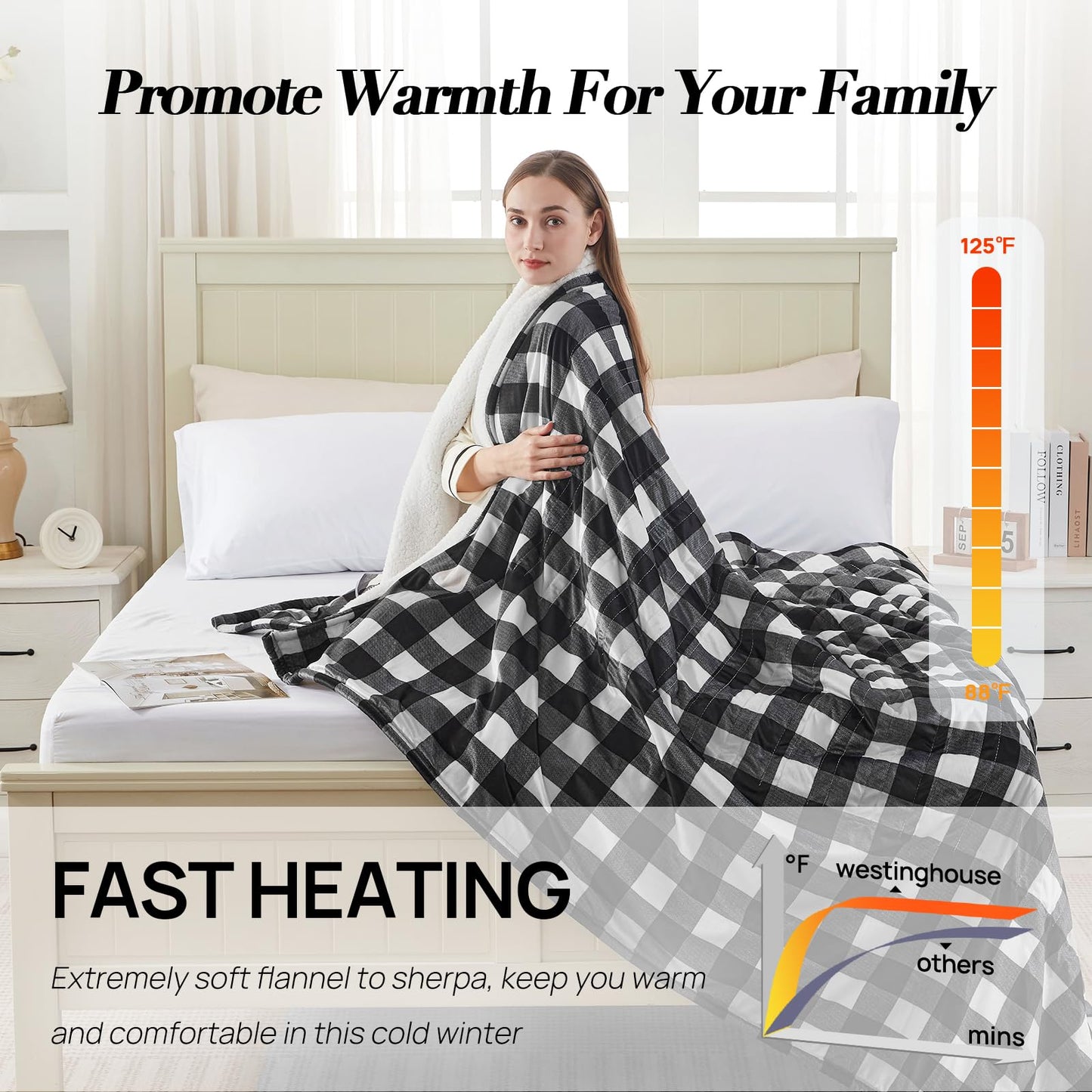 Westinghouse Heated Throw Blanket, Flower Jacquard Electric Blanket Throw with 6 Heating Levels and 2-10 Hours Auto-Off, Flannel to Sherpa Super Cozy Heated Blanket, Machine Washable (50" x 60" Beige)