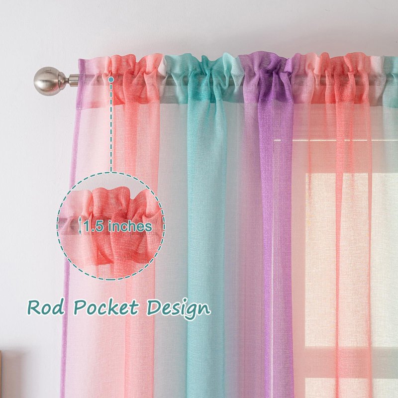 Yancorp Sheer Curtain 2 Panels Semi Bedroom Curtains 63 inches Length Linen Ombre Curtains Rod Pocket Drapes Girls Living Room Mermaid Bedroom Nursery Kids Window Decor(Green Pink Purple, 52"x63")