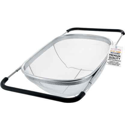 U.S. Kitchen Supply Stainless Steel Colander Strainer - 6-Quart Collapsible Colander with Expandable Rubber Handles - Rectangular Sieve, Fine Mesh Stainless Steel Strainers and Colanders for Kitchen