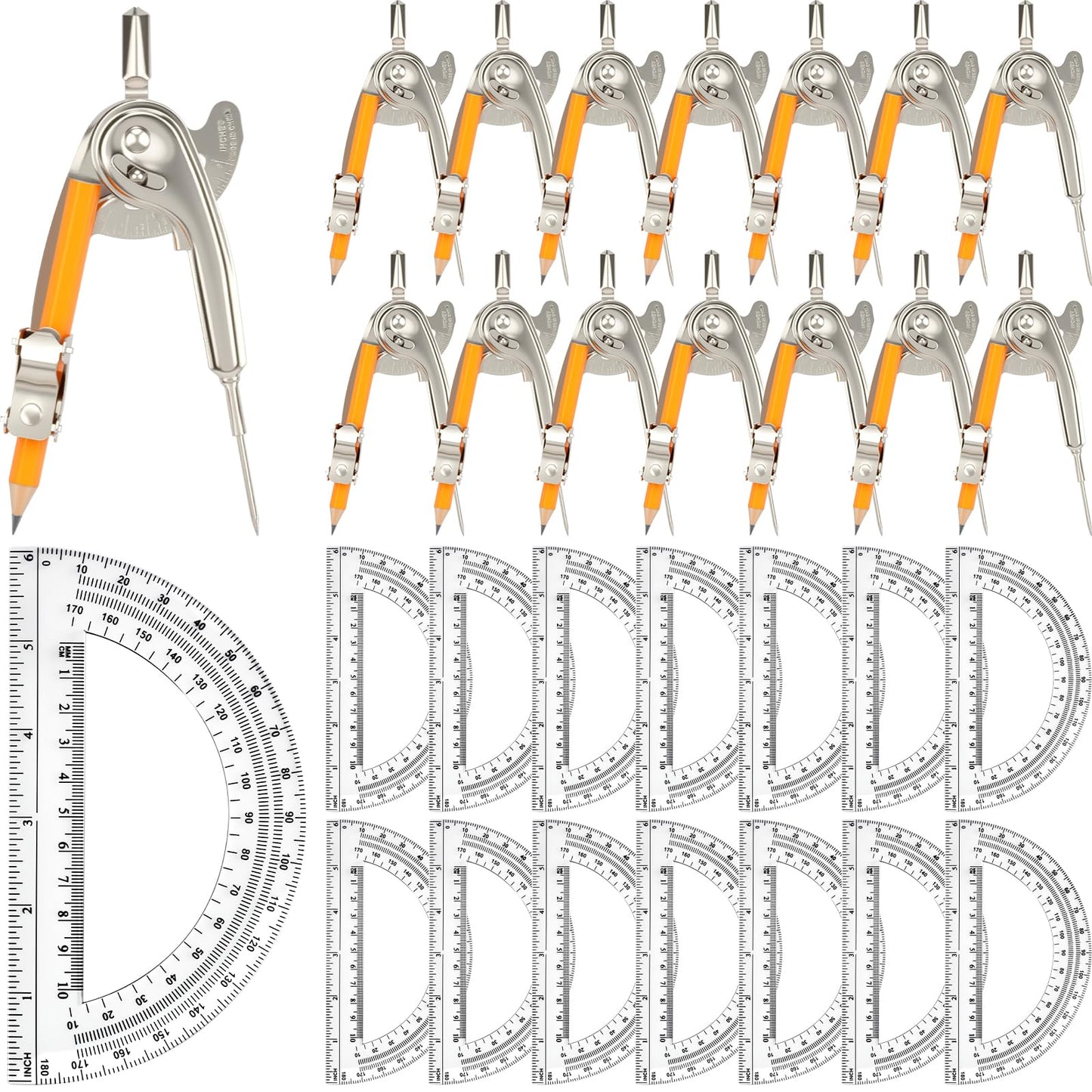 30 Pack Geometry Tool Set, Math Compass for Geometry and 6 Inch Protractor Set Include Metal Compass with Pencil and Clear Plastic Protractor for Student Classroom Office Woodworking Art Drawing