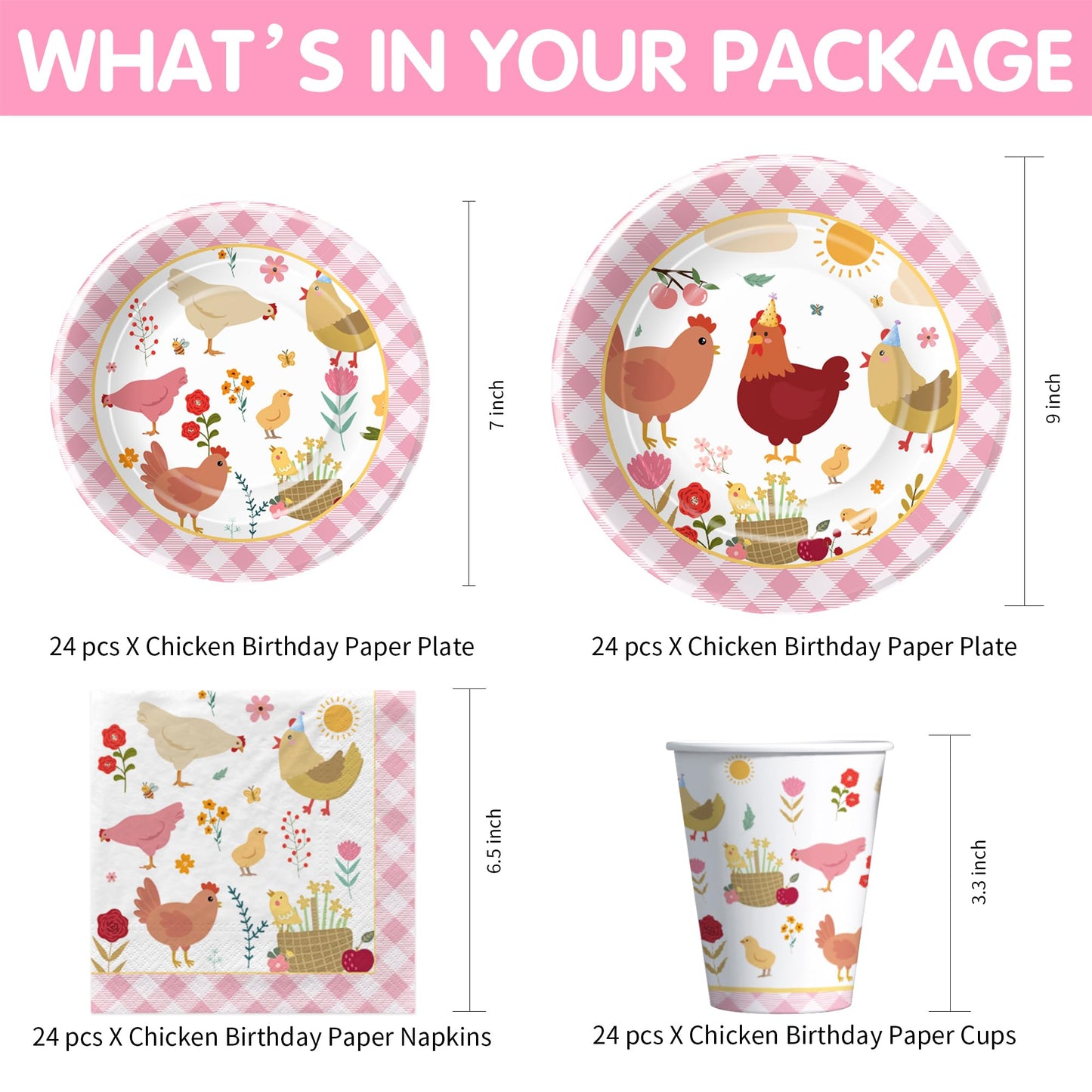 Suhelkit Chicken Party Decorations Tableware for Birthday Baby Shower, Farm Animal Barnyard Little Chick Birthday Party Supplies, Plate, Cup, Napkin, Straws, Disposable Cutlery, Tablecloth, 24 Guests