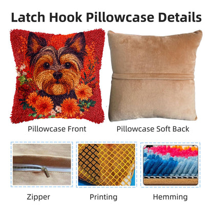 DIY Latch Hook Pillow Kits for Adults Yorkshire Terrier Dog in Flowers Printed Pillowcase Crochet Yarns Hooking Handmade Pillow Cover Cushion for Home Sofa Decoration 17x17inch-7