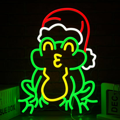 LIUOZHTEA Merry Christmas Neon Sign with Santa Hat Neon Frog Light Sign for Wall Decor Christmas Party New Year Bar Bedroom Shop Window USB Powered (16.5 * 11.8in)