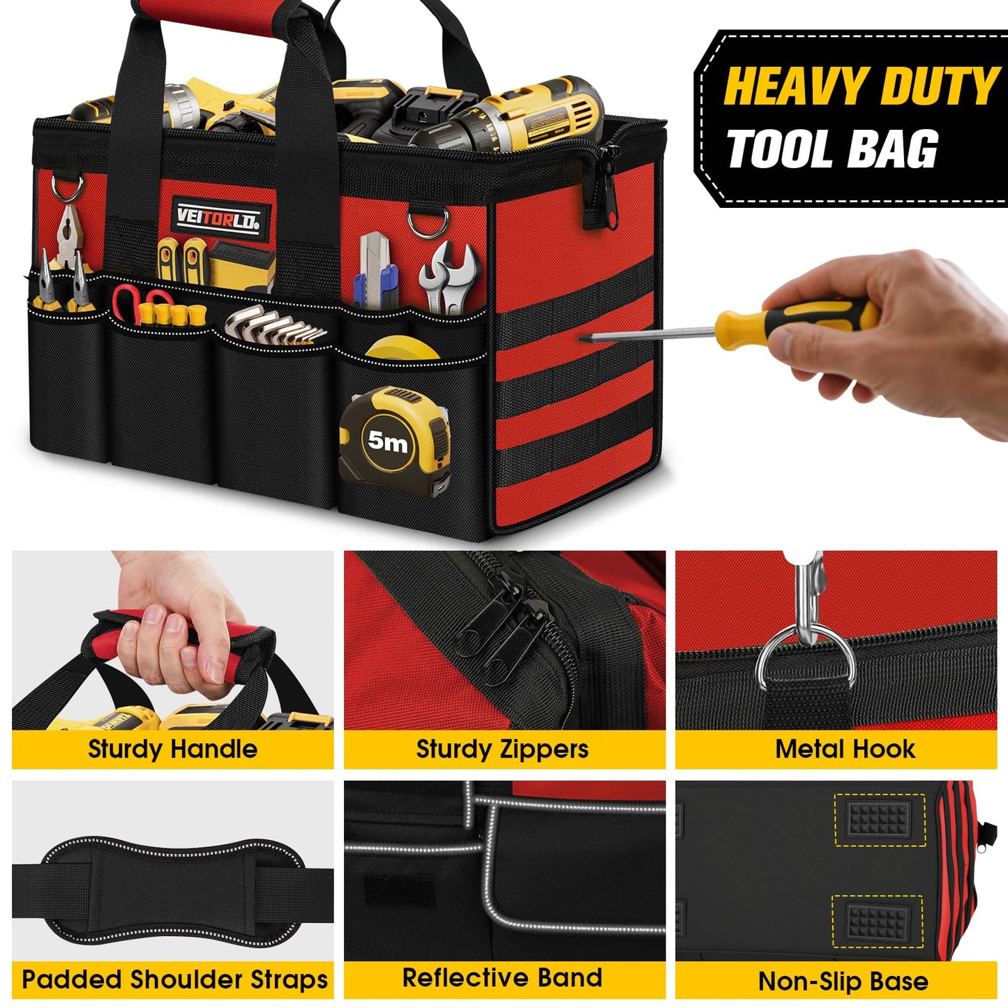 16-Inch Heavy Duty Tool Bag, 19-Pockets Tool Box Organizer, Portable Toolbag W/Soft Handle for Organized Storage, Mechanic Gifts for Men Dad Husband Fathers Day, Wide Mouth Electrician Toolbox, Red