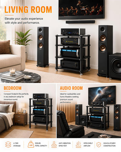RAJYQODIS Heavy Duty Audio Component Rack, Large Storage Space AV Media Stand with Shock-Absorbing Foot pegs, Audio Rack Tower CD Player Stand for Home/Office/Audio Video/Theate (Teak, 4th)