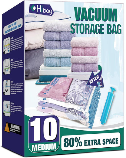 Skiennix Vacuum Storage Bags - 10 Medium Space Saver Seal Bags with Travel Hand Pump