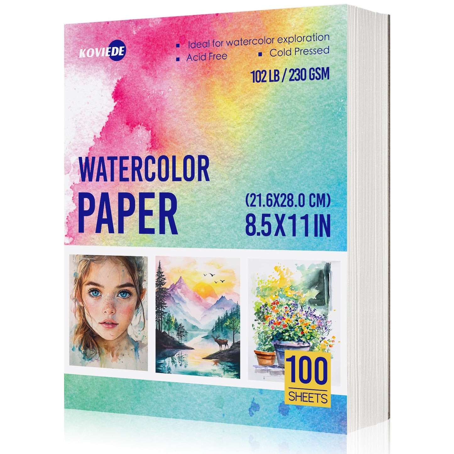 KOVIEDE 100 Sheets Watercolor Paper 8.5x11 Inch 102LB/230GSM Cold Press Practice Paper for Students and Beginners, Acid-Free Heavyweight Art Sheets for Painting, Printing, Scanning & Crafting