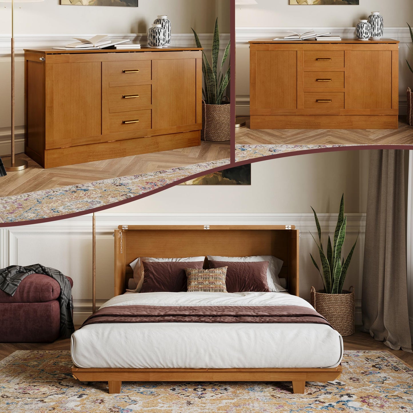 AFI, Charleston Queen Wood Murphy Bed Chest with 6" Mattress, Light Toffee