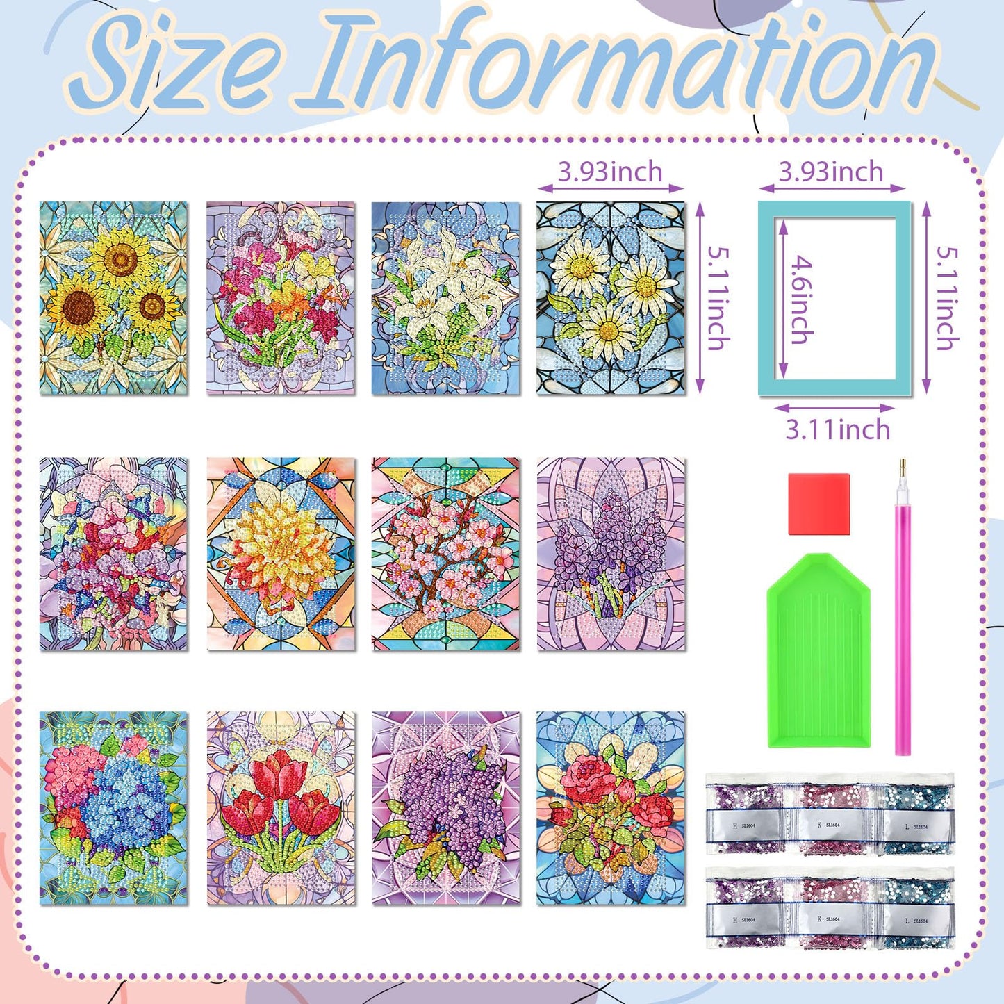Saillong 24 Pcs Mini Flower Diamond Painting Kits, Small Diamond Art Kits for Adults, DIY Mini Square Drill Flower Gem Sets 1-Hour Painting for Beginners Home Desktop Decor, 5.12x3.94 Inch
