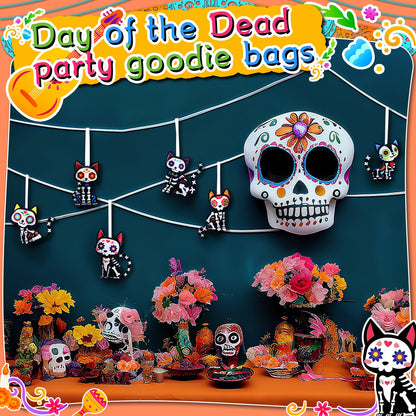 Remagr 12 Pcs Dia De Los Muertos Cat Felt Ornaments, Day of The Dead Cat Skeleton Hanging Halloween Ornaments for Mexcian Themed Party School Bags Indoor Outdoor Tree Hanging Decorations