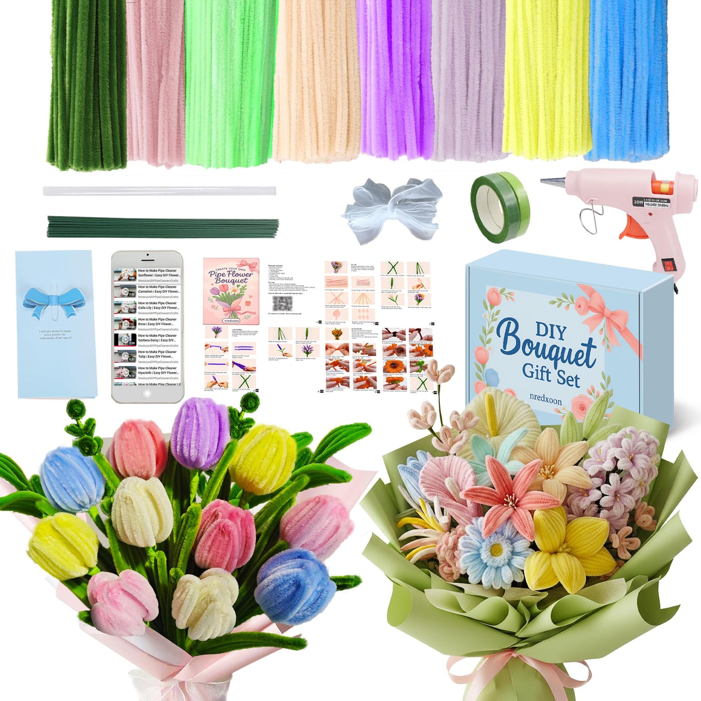 Pipe Cleaner Flower Kit with Hot Glue Gun - 400PCS DIY Pastel Bouquet Crafts - 8mm Fluffier Chenille Stems with Video - Beginner Pipecleaner Flower Making Kit for Teens, Summer Crafts Gift for Her