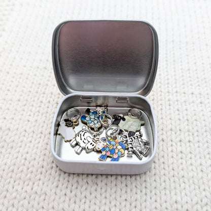 Pretty Warm Designs Sheep Stitch Markers with Storage Tin, Set of 6 Snag Free Rings Fits up to US 8 (5mm) Needles