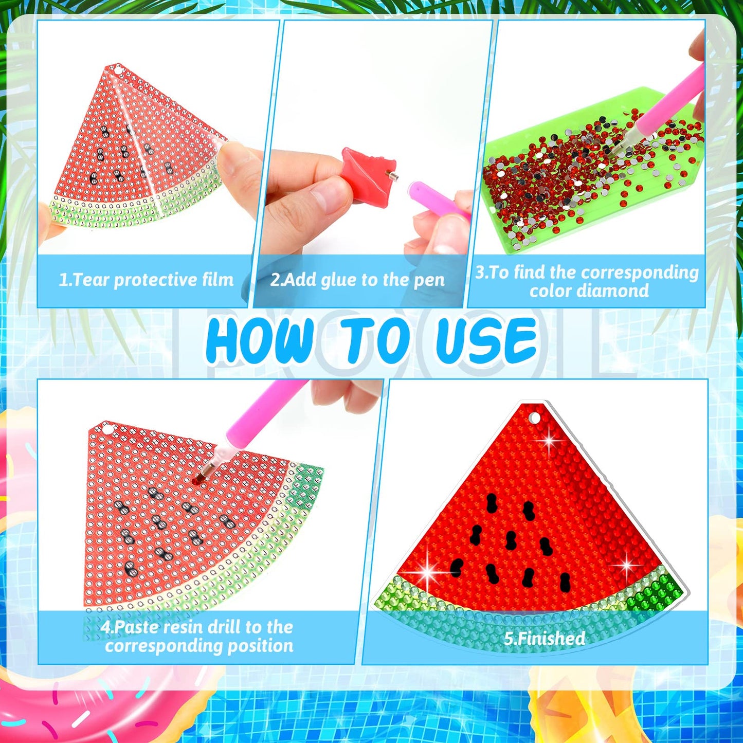 Thinkday 12 Pack Summer Diamond Painting Keychain Kits 5D Diamond Art Keychains DIY Painting Kit Summer Hanging for Kids DIY Crafts