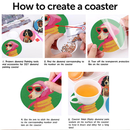 8 Pcs Dog Diamond Painting Coasters Kits with Holder,Dog Wearing Glasses Diamond Art Coasters with Wooden Pad,DIY Round Drill Rhinestone Painting Art Kit Craft for Adults Supplies Gift 4X4 Inch.