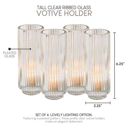 Serene Spaces Living Set of 4 Tall Clear Ribbed Glass Votive Holder, Perfect for Weddings and Home Décor, Measures 6.25" Tall and 2.25" Diameter