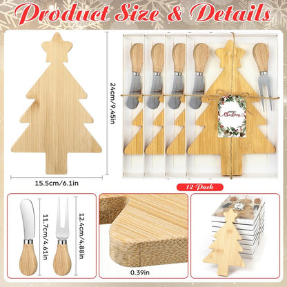 Roshtia 12 Set Christmas Charcuterie Board Gift Bulk Christmas Cutting Boards with Cheese Knives Forks Bamboo Cutting Board for Kitchen Xmas Party Bridal Shower Favor Supplies(Xmas Tree)