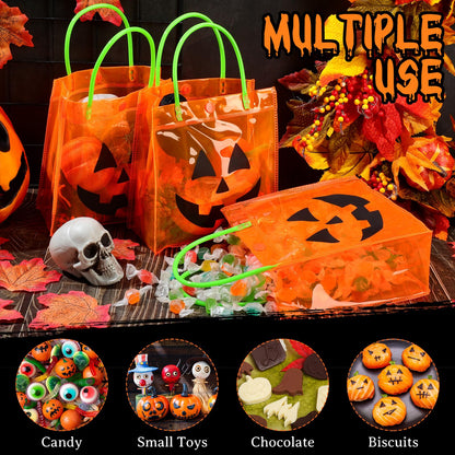 Sweetude 24 Packs Halloween Plastic Pumpkin Bags with Handles Halloween Jack O Lantern Pumpkin Party Gift Handles Bags Candy Favors, 6 x 6.3 Inch