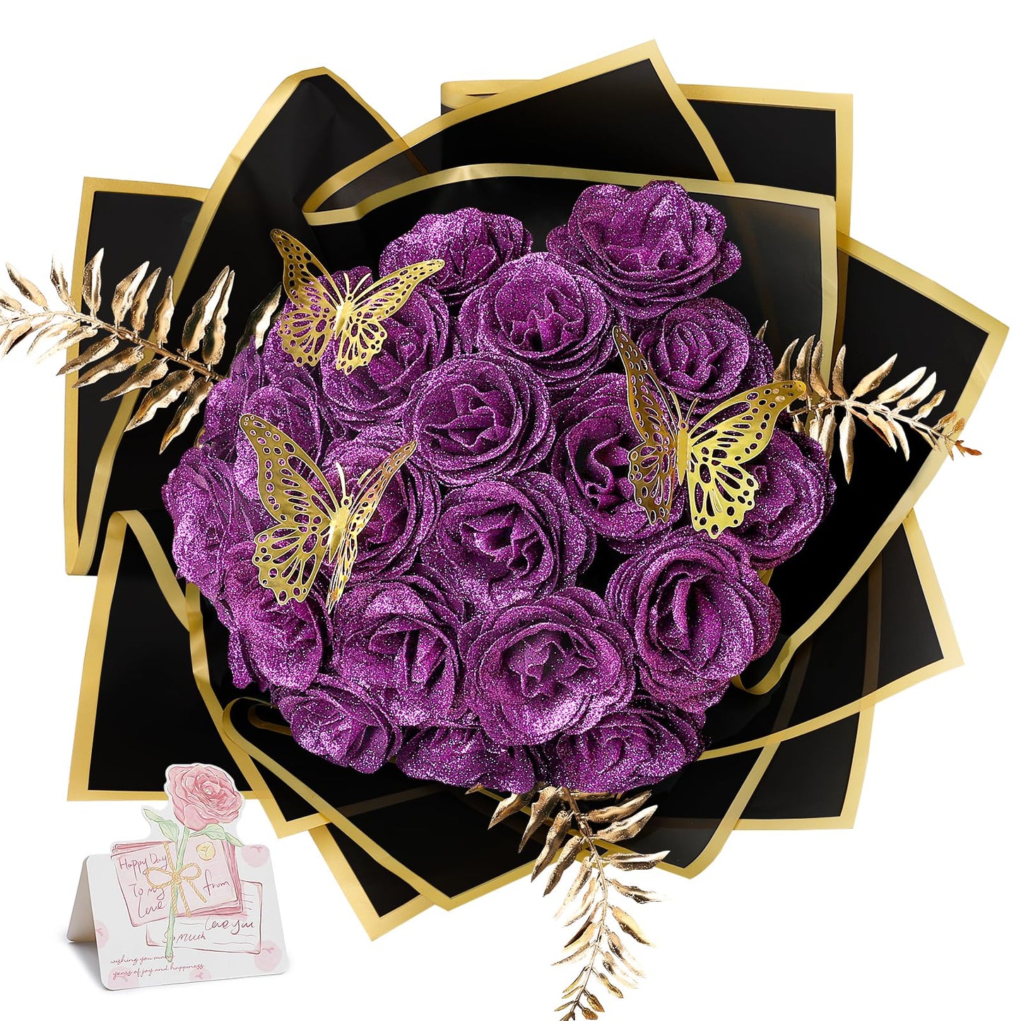 Tobilu Glitter Roses Bouquet - DIY Artificial Flower Bouquet Kit with Fake Rose Butterfly Stems Cards for Gifts Mother's Day Valentine's Day Anniversary Birthday, 24 Roses, Purple