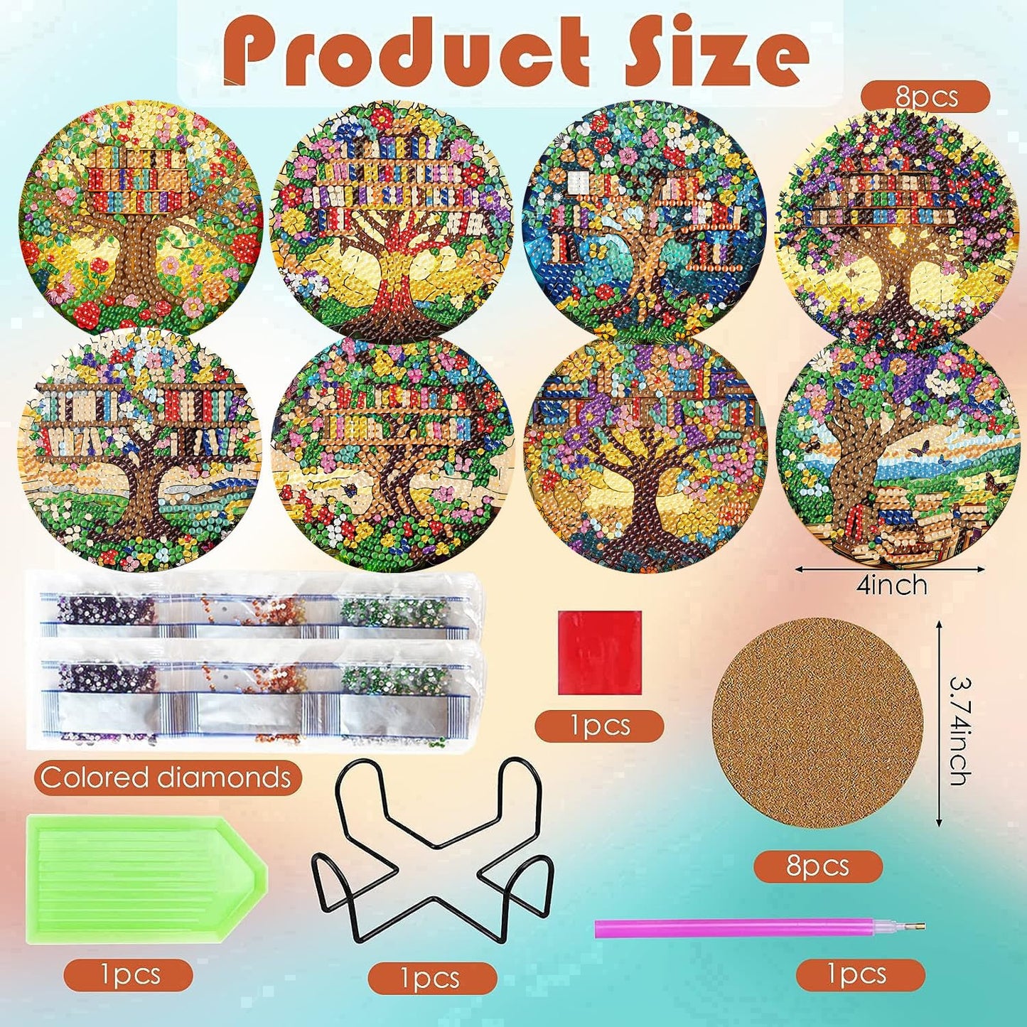 ijbnhd 8 Pcs Diamond Art Coasters Kits, Tree of Life Diamond Painting Coasters Kit with Holder, Diamonds Art Non Slip Coaster Crafts Kits for Adults Gifts 4x4 inch (Cork Wooden Pad)