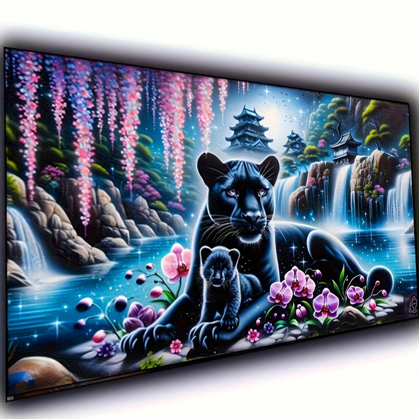 KUFWKEY Panther Diamond Art Kits for Adults,Waterfall Landscape Leopard 5D Diamond Painting Kits,Fantasy Animal Full Round Diamond Dots Kits,DIY Mosaic Craft for Home Decor 27.5x15.7inch