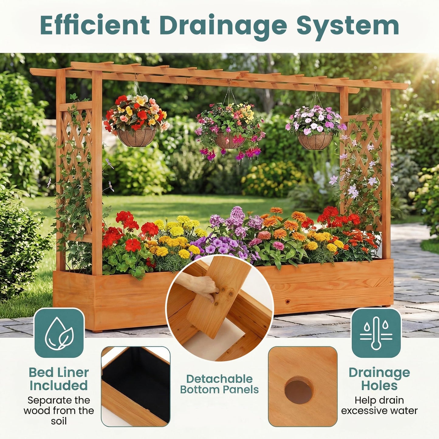 HAPPYGRILL Raised Garden Bed with Trellis, 2 Pack Freestanding Wood Planter Box w/Hanging Roof & 8 Drainage Holes for Vine Climbing Plants Flowers, Outdoor Planter with Trellis for Garden Patio Yard
