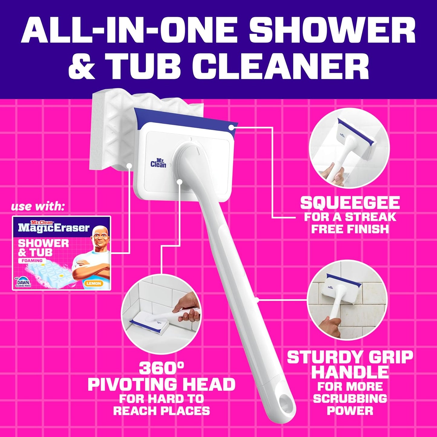 Mr. Clean Magic Eraser Shower & Tub Scrubber - All-in-One Bathroom Cleaner Kit | Lemon Scent, 1 Scrubber & 2 Erasers