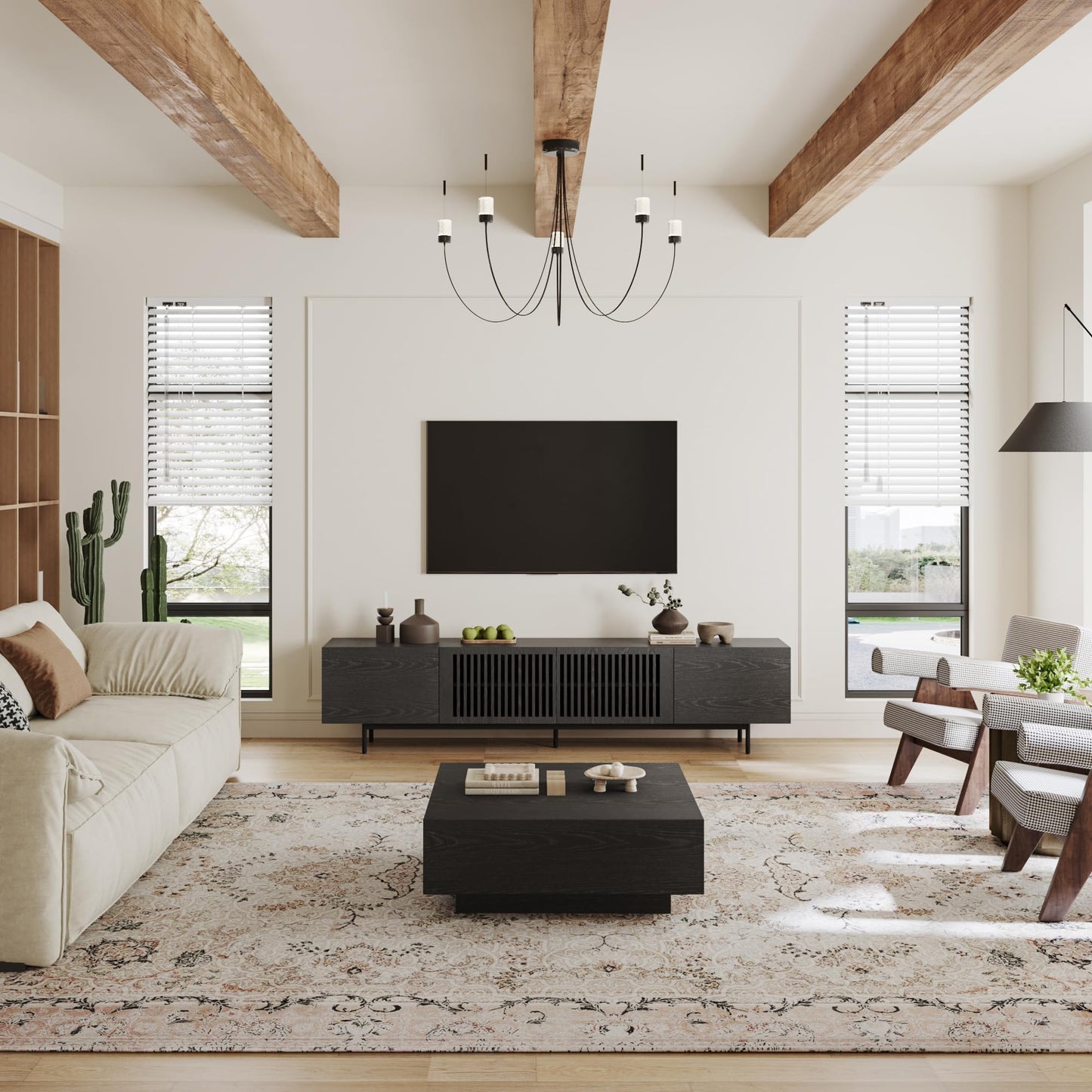 POVISON Full Assembled Mid-Century Modern TV Stand with Slatted Doors, Wood Media Console for 80 85+ Inch TV, TV Console with Tall-cast Metal Legs, Entertainment Center with Storage for Living Room