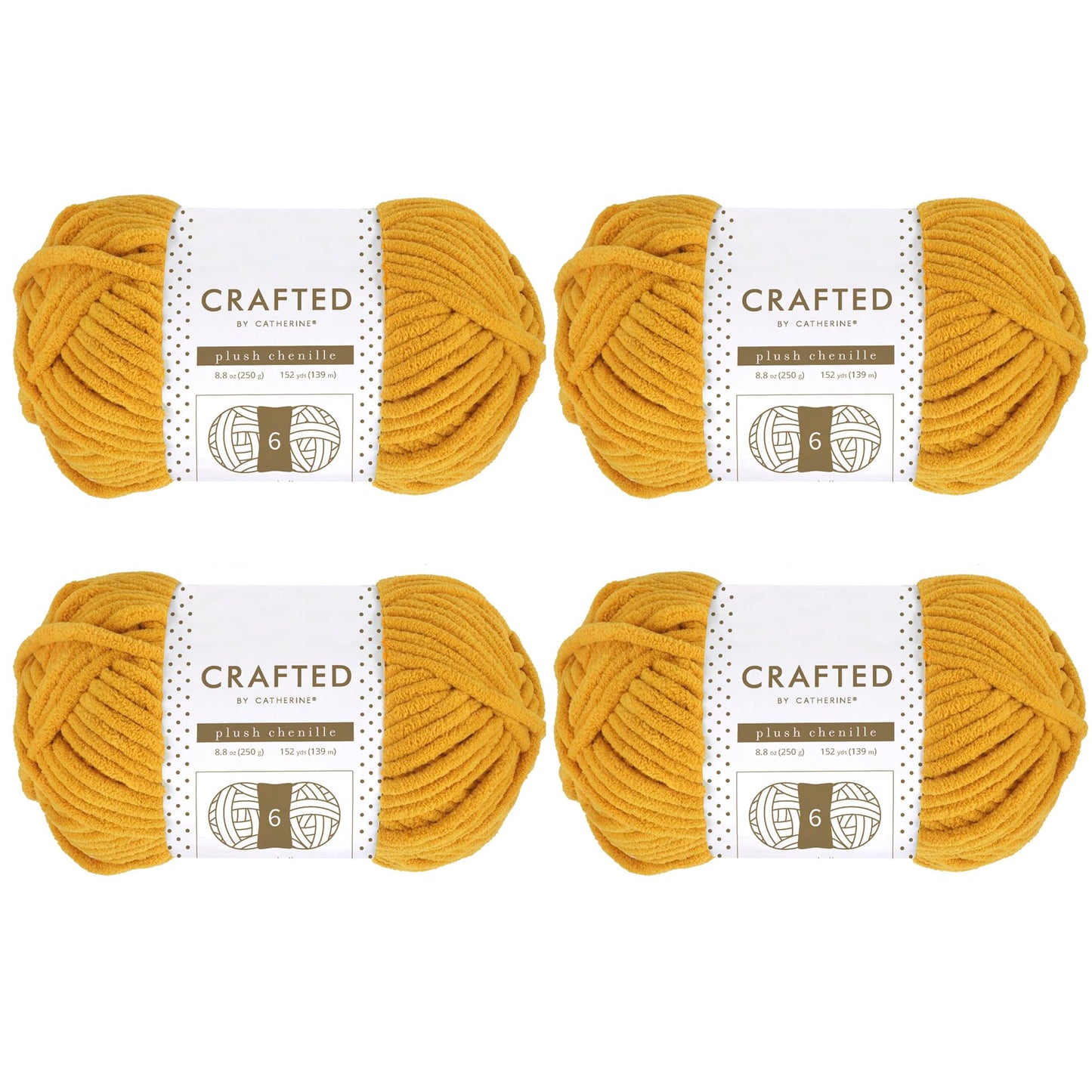 Crafted by Catherine Plush Chenille Yarn for Knitting, Crocheting and Amigurumi - 4 Pack (8.8 oz / 250g, 152 Yards Each Skein), Mustard, Gauge 6 Super Bulky