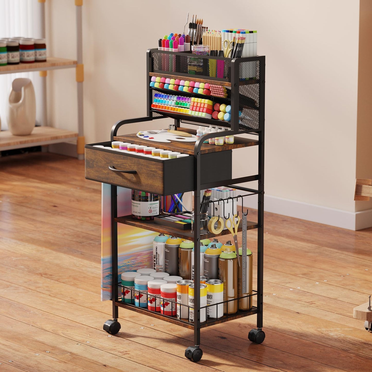 Homsorout Art cart, 3 Tier Rolling Cart - Utility Cart with Storage Drawer and Wheels, Versatile Art & Craft Organizer for Home, Office, or Studio Ideal for Storing Brushes, Paints （Brown）
