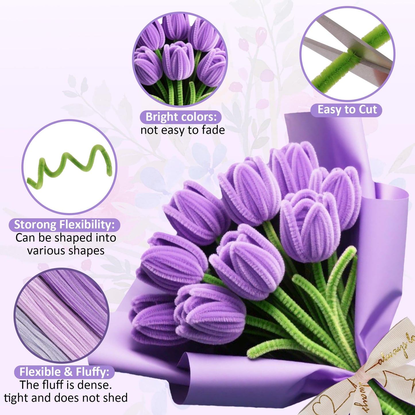 EARLY MINDS 500 Pcs Pipe Cleaners Craft Kit for Flower Making, DIY Bouquet Set with 8mm Chenille Stems, Step-by-Step Tutorial, Floral Wire, Ribbon & Tools for Handmade Gifts and Decor, Purple