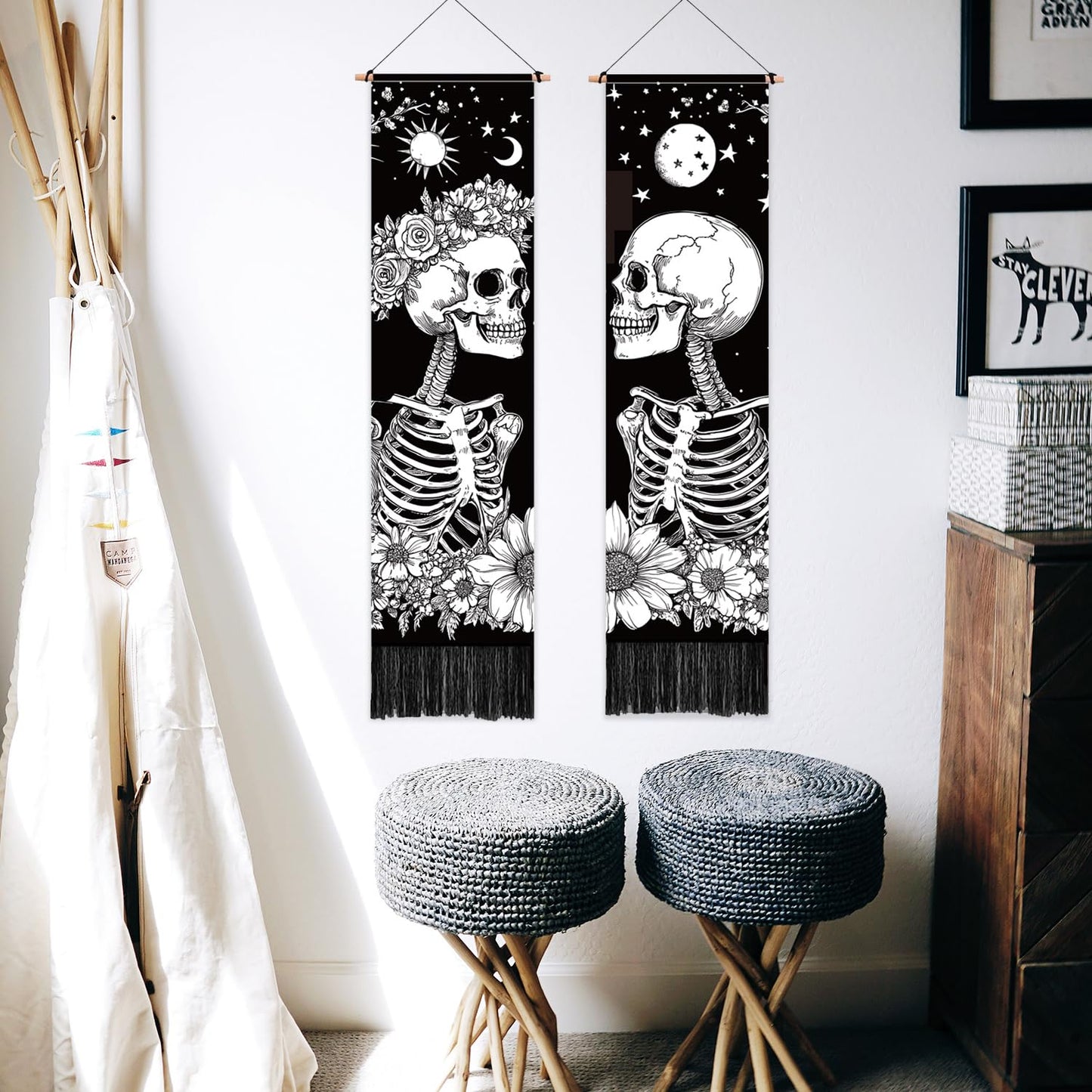 PLIGREAT 2 Pack Skull Long Tapestry Aesthetic Black and White Skeleton Wall Hanging with Tassels Sun Moon Tapestry for Bedroom Bathroom Living Room Long Narrow Wall Hanging Home Art Decor