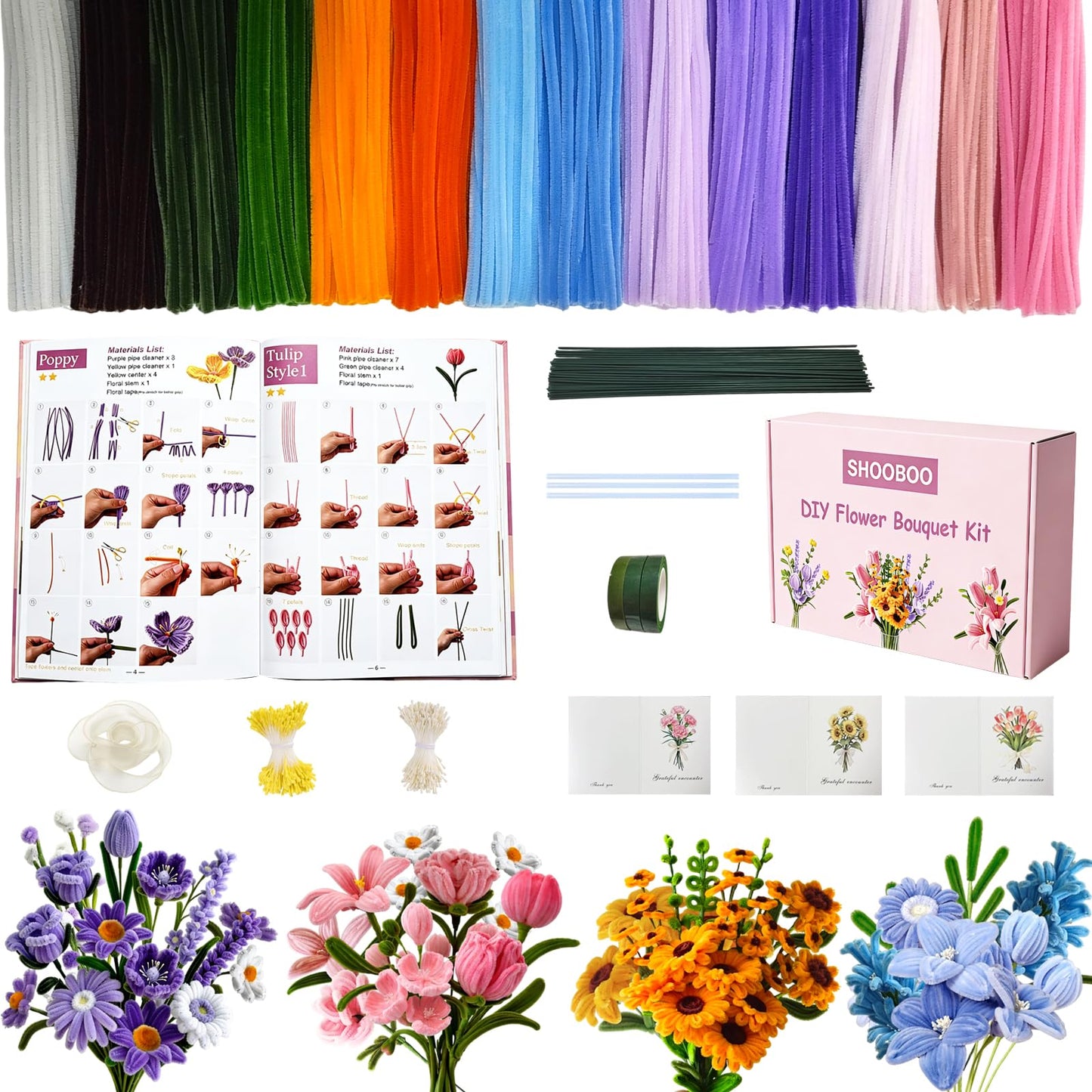700 PCS Pipe Cleaner Flower Kit, Pipe Cleaners Craft Bulk 14 Colors Chenille Stems Flower Making Kit with 14 Flower Designs Guiding Book, Floral Stems & Craft Accessories for Art and Craft Supplies