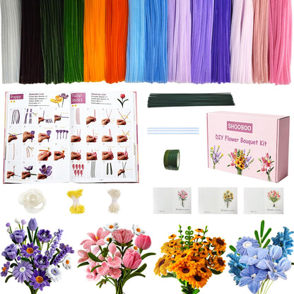 700 PCS Pipe Cleaner Flower Kit, Pipe Cleaners Craft Bulk 14 Colors Chenille Stems Flower Making Kit with 14 Flower Designs Guiding Book, Floral Stems & Craft Accessories for Art and Craft Supplies