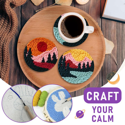 Punch Needle Coasters Kit for Beginners Adults, 6 Pattern Embroidery Scenery Punch Needle Kits, Scenery Punch Decoration DIY Kit with Patterns, Tools, Yarns, Hoop, Instruction Art Craft Supplies