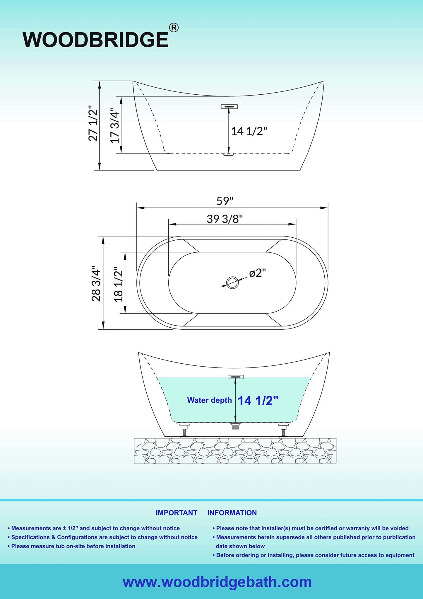 WOODBRIDGE 59" Acrylic Freestanding Bathtub Contemporary Soaking Tub, Black Acrylic(Matte Black Drain/Overflow),BTA1816-MB