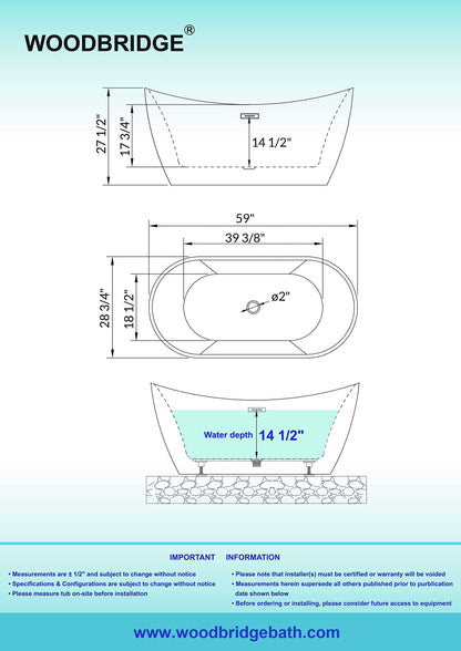 WOODBRIDGE 59" Acrylic Freestanding Bathtub Contemporary Soaking Tub, Black Acrylic(Matte Black Drain/Overflow),BTA1816-MB
